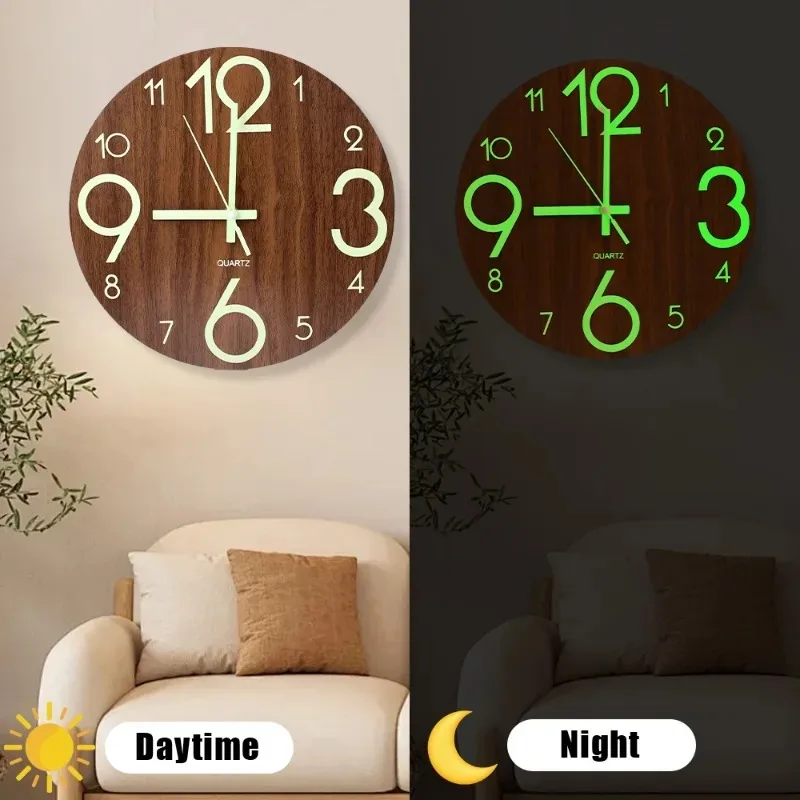 Nowoczesny fluorescencyjny zegar ścienny 3D bez tykania. Nordycki styl,  30cm, cichy świecący 🌙⏰