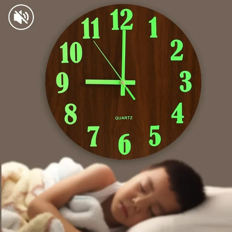 Nowoczesny fluorescencyjny zegar ścienny 3D bez tykania. Nordycki styl,  30cm, cichy świecący 🌙⏰